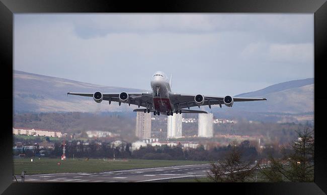 Airbus A380 Leaving Framed Print by Geo Harris