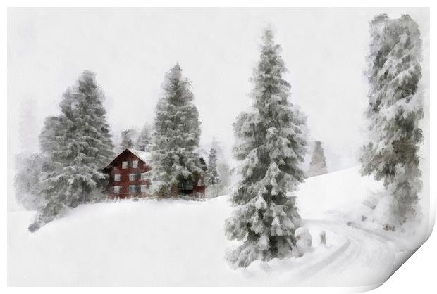 Winter landscape aquarell painting Print by Matthias Hauser