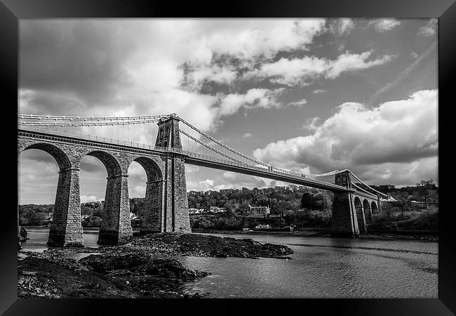 Menai Bridge Black and White Framed Print by P H