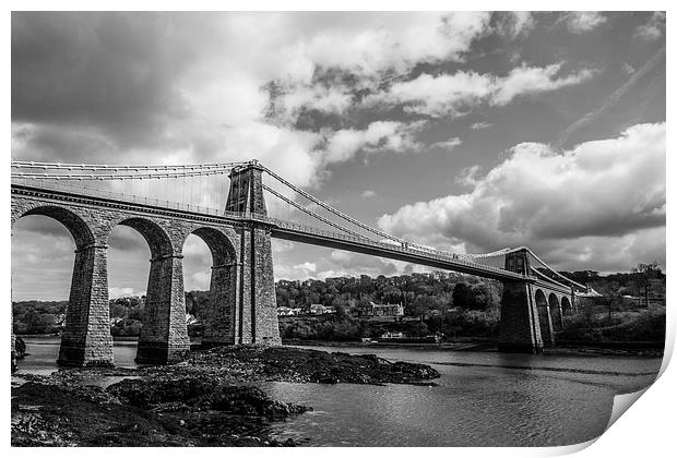 Menai Bridge Black and White Print by P H