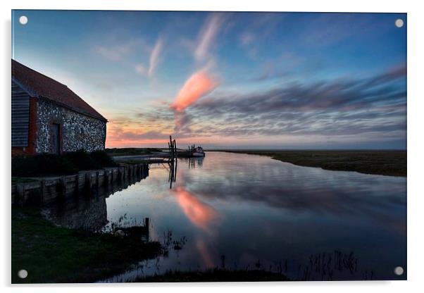 Reflections of sunset Thornham harbour Acrylic by Gary Pearson