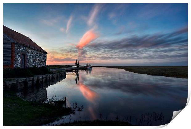 Reflections of sunset Thornham harbour Print by Gary Pearson