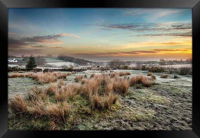 Frosty Sunrise at Bellever on Dartmoor Framed Print by Helen Hotson