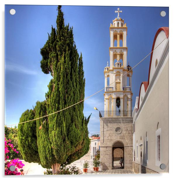Cyprus Pine and Bell Tower Acrylic by Tom Gomez