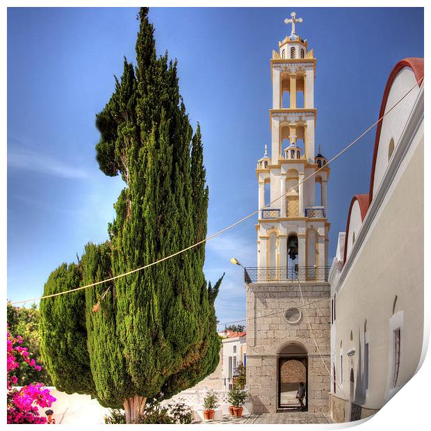 Cyprus Pine and Bell Tower Print by Tom Gomez