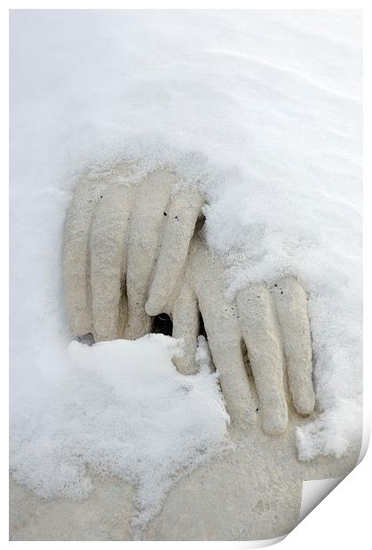 Snow covered hands of a statue Print by Matthias Hauser
