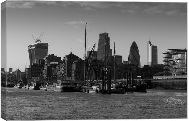 City of London river barges Wapping black and whit Canvas Print by Gary Eason