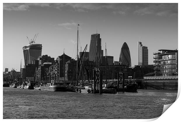 City of London river barges Wapping black and whit Print by Gary Eason