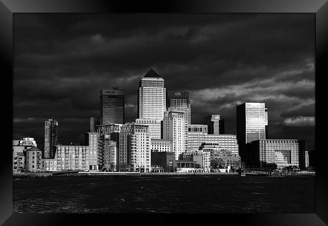 Canary Wharf sunlit from the Thames B&W version Framed Print by Gary Eason