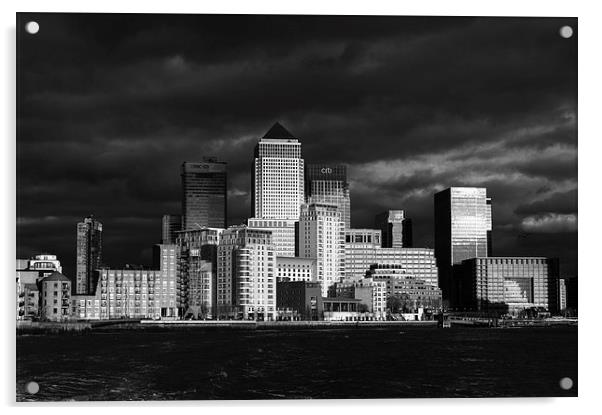 Canary Wharf sunlit from the Thames B&W version Acrylic by Gary Eason