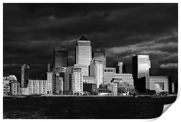 Canary Wharf sunlit from the Thames B&W version Print by Gary Eason