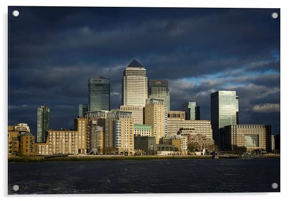 Canary Wharf sunlit from the Thames Acrylic by Gary Eason