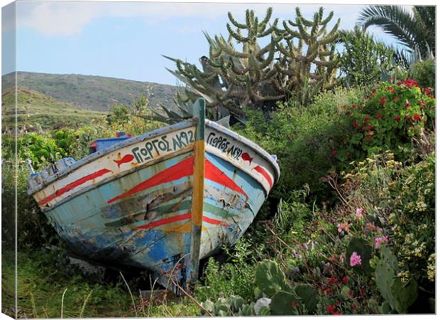 Colourful boat grounded, Greek Island Canvas Print by DEE- Diana Cosford