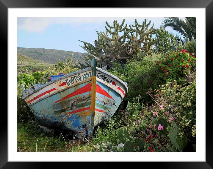 Colourful boat grounded, Greek Island Framed Mounted Print by DEE- Diana Cosford