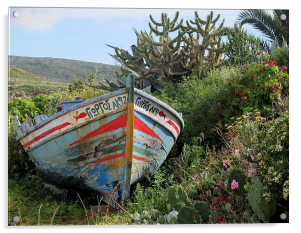 Colourful boat grounded, Greek Island Acrylic by DEE- Diana Cosford