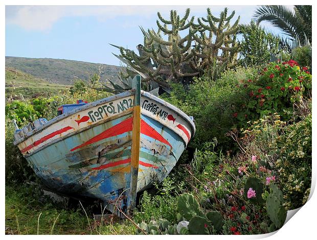 Colourful boat grounded, Greek Island Print by DEE- Diana Cosford