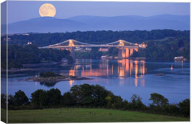 Wales Anglesey Menai Bridge and Full Moon Canvas Print by Pearl Bucknall