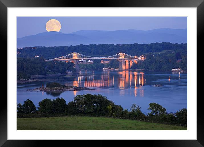 Buy Framed Mounted Prints of Wales Anglesey Menai Bridge and Full Moon by Pearl Bucknall