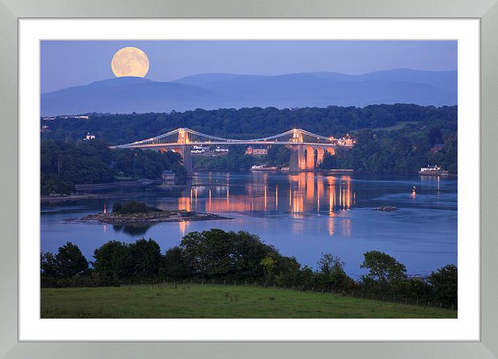 Wales Anglesey Menai Bridge and Full Moon Framed Mounted Print by Pearl Bucknall