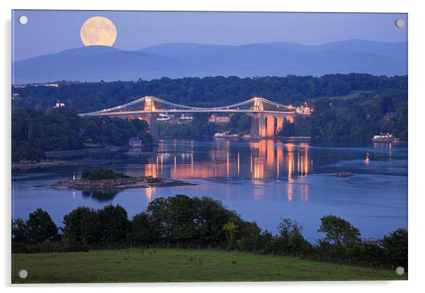 Wales Anglesey Menai Bridge and Full Moon Acrylic by Pearl Bucknall