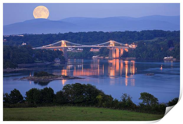 Wales Anglesey Menai Bridge and Full Moon Print by Pearl Bucknall