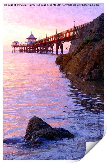 Evening view over Clevedon pier Print by Paula Palmer canvas