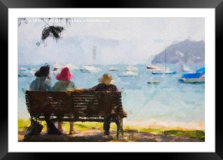 Three ladies on a bench Framed Mounted Print by Sheila Smart