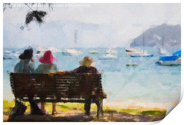Three ladies on a bench Print by Sheila Smart