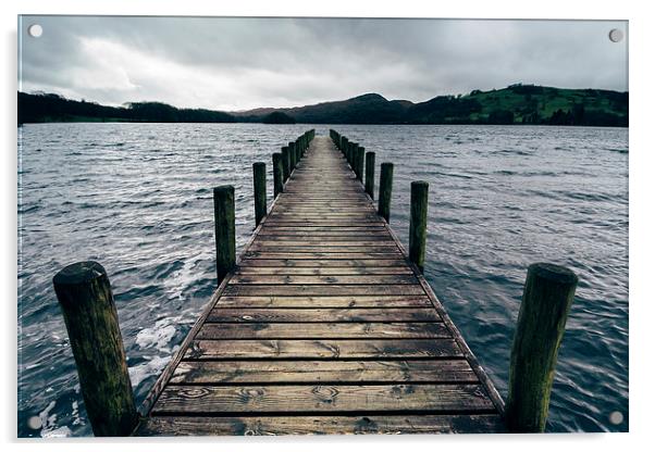 Wooden jetty on Coniston Water. Acrylic by Liam Grant
