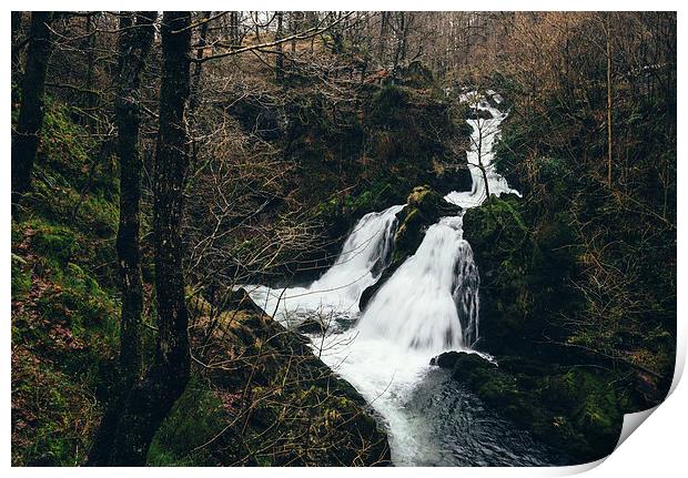 Colwith Force waterfall during heavy rain. Print by Liam Grant