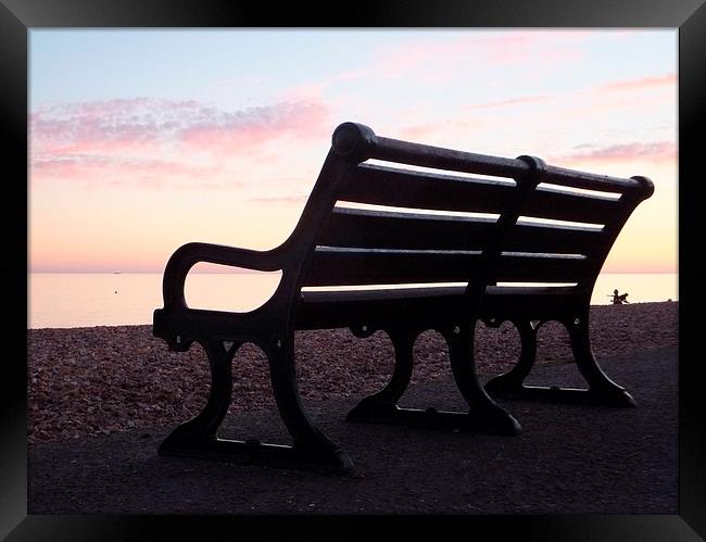 Brighton Promenade Bench At Sunset Framed Print by Liz Watson