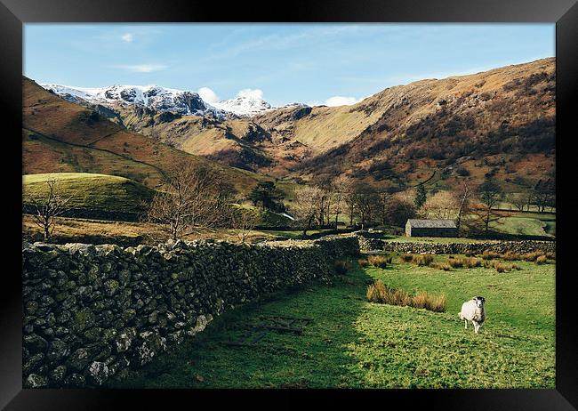 Snow topped mountains in the Hartsop valley. Framed Print by Liam Grant