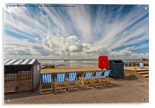 Six empty deckchairs at Southend Acrylic by Sheila Smart