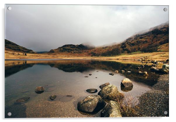 Low cloud and reflections on Blea Tarn. Acrylic by Liam Grant