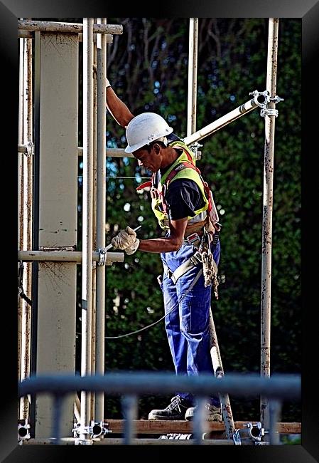 Worker in a scaffold 1 Framed Print by Jose Manuel Espigares Garc