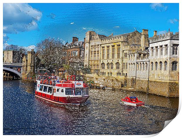 York Guildhall with river boat on the river Ouse.  Print by Robert Gipson
