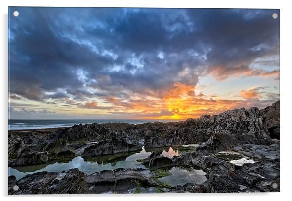 Rock Pool sunset Acrylic by Dave Wilkinson North Devon Ph