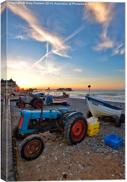 Tractors at sunset Cromer beach Canvas Print by Gary Pearson