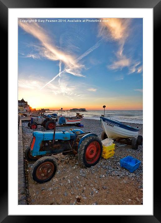 Tractors at sunset Cromer beach Framed Mounted Print by Gary Pearson