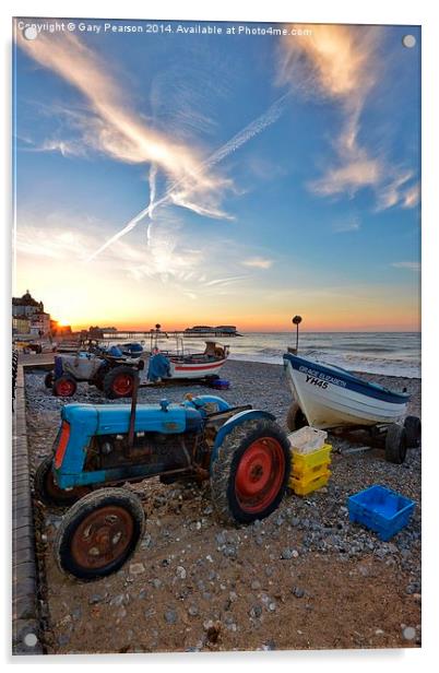 Tractors at sunset Cromer beach Acrylic by Gary Pearson