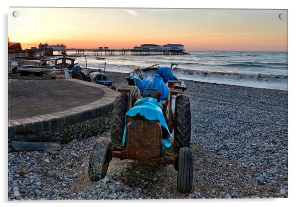 Cromer beach old tractor Acrylic by Gary Pearson