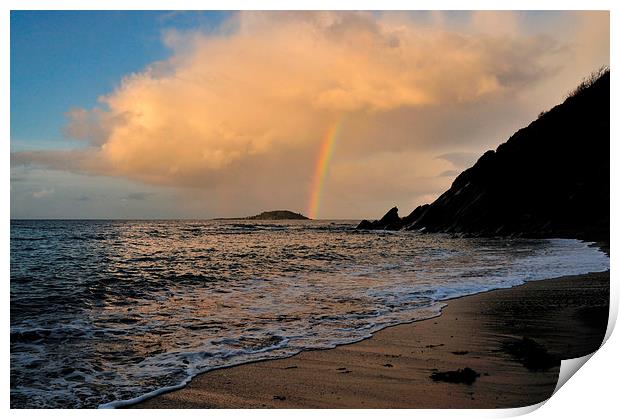 Rainbow over Looe island Print by Rosie Spooner