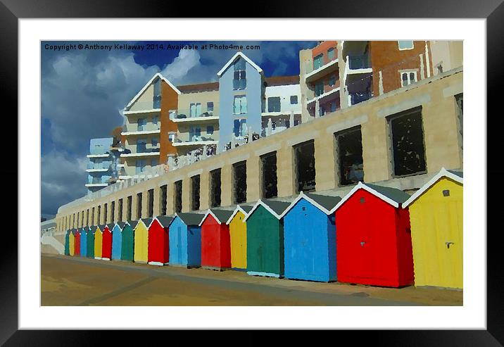 BOSCOMBE BEACH HUTS OIL PAINTING Framed Mounted Print by Anthony Kellaway