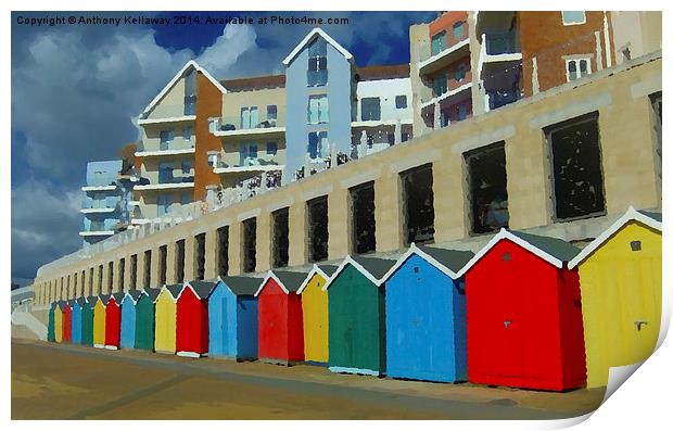 BOSCOMBE BEACH HUTS OIL PAINTING Print by Anthony Kellaway