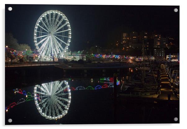 Torquay Marina And Ferris Wheel at Night Acrylic by Terri Waters