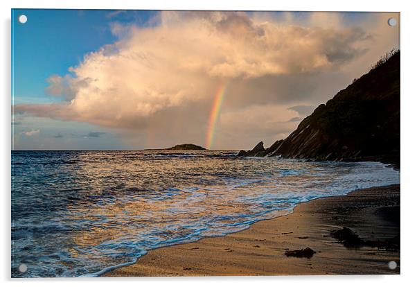 Rainbow over Looe island Acrylic by Rosie Spooner