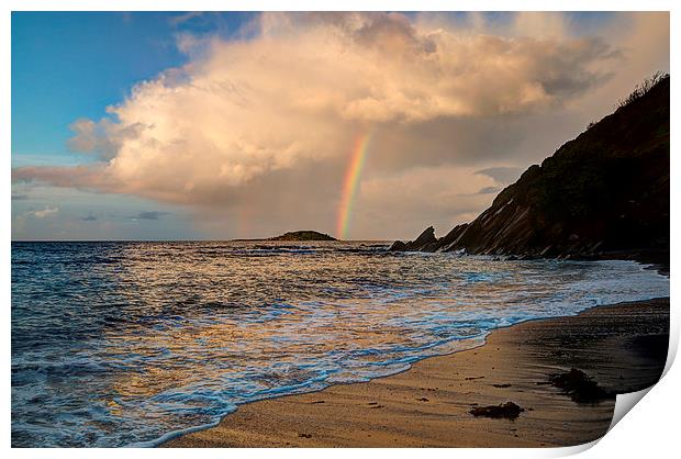 Rainbow over Looe island Print by Rosie Spooner
