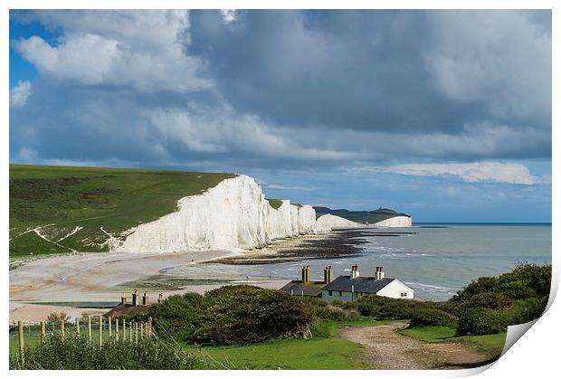 Seven Sisters cliffs and coastguard cottages Print by Gary Eason