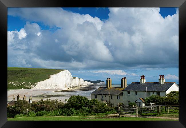 Seven Sisters cliffs and coastguard cottages Framed Print by Gary Eason