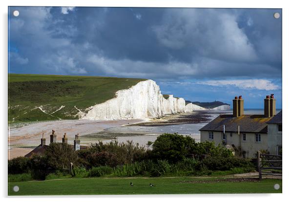 Seven Sisters cliffs and coastguard cottages Acrylic by Gary Eason